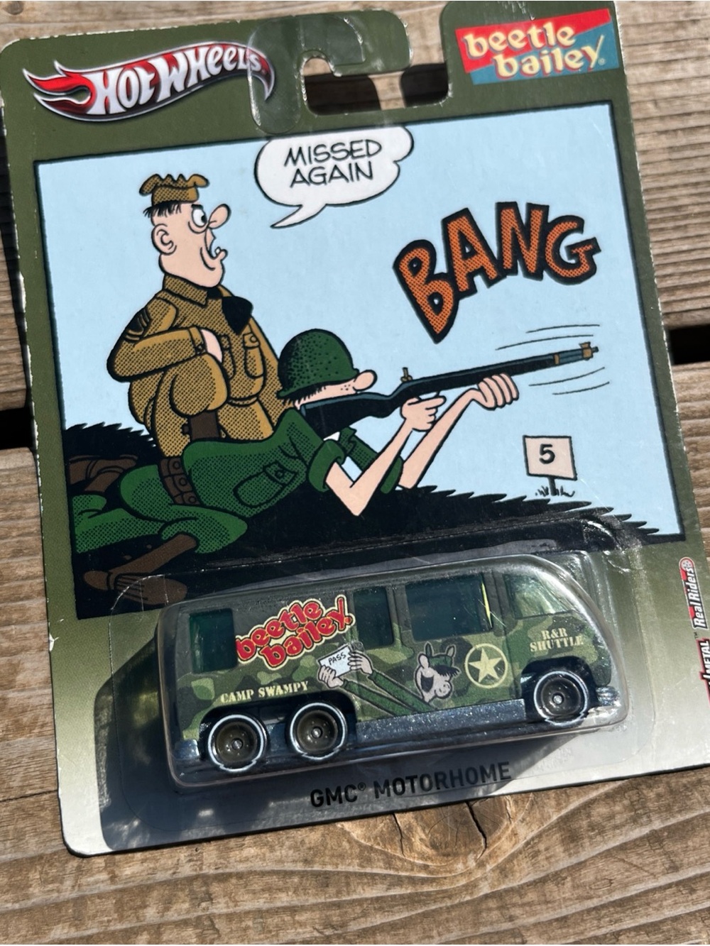 Hot Wheels Beetle Bailey Green Camo GMC MOTORHOME [Missed Again, BANG]